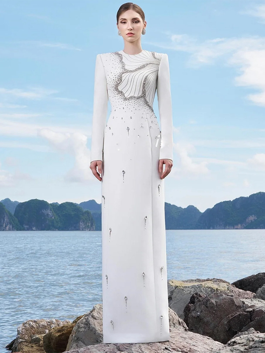 White Crystal Embellished Long Sleeve Column Gown