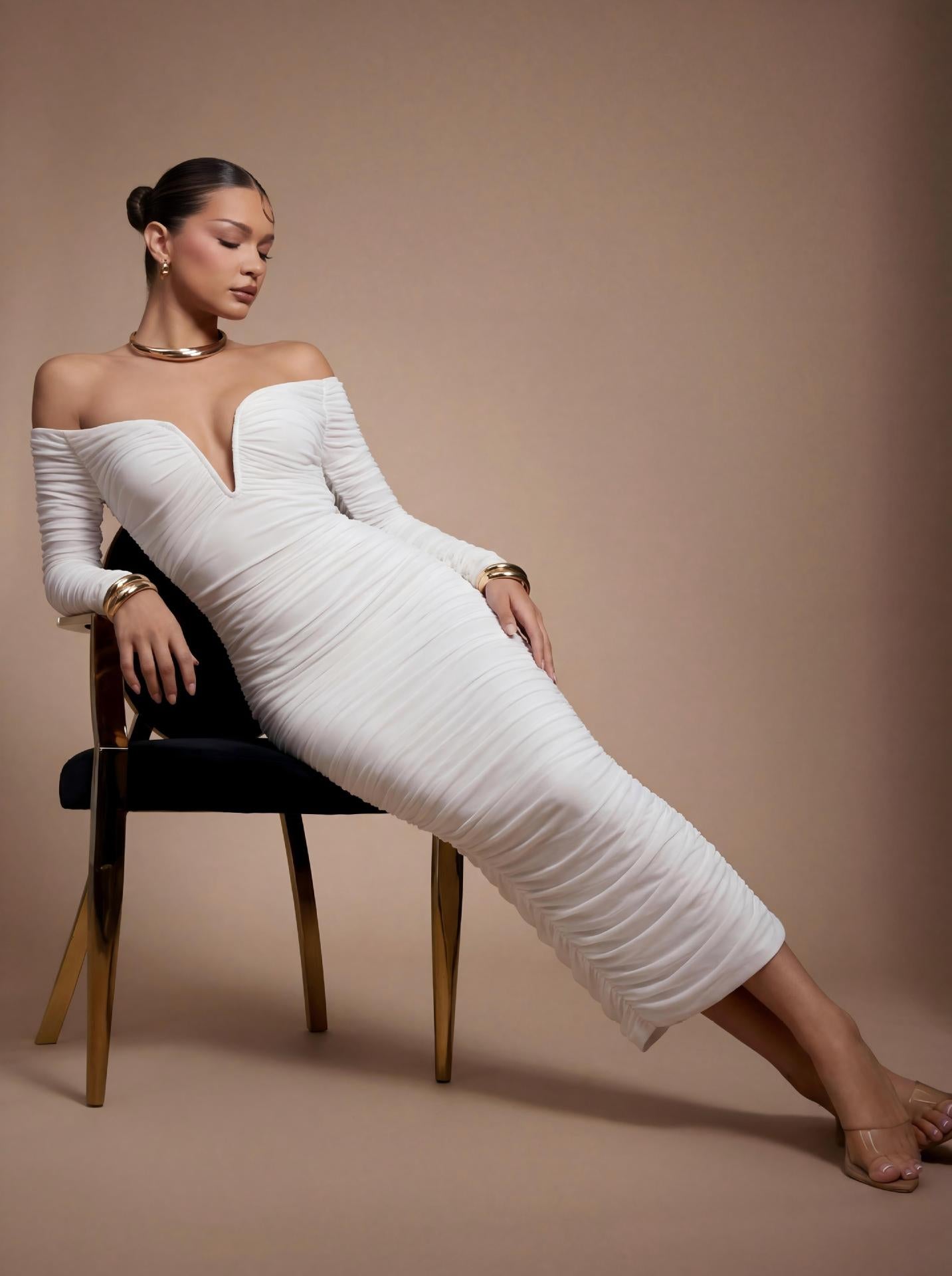 White Off-the-Shoulder Plunging V-Neck Ruched Midi Dress