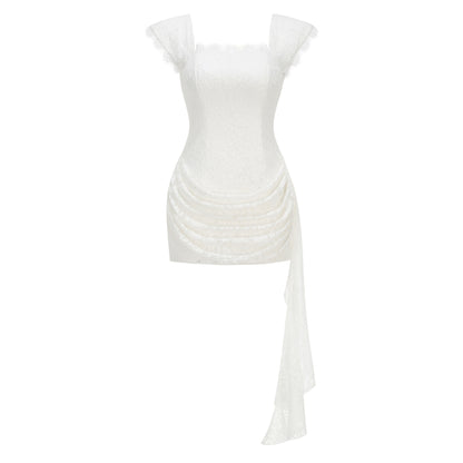 Ivory Floral Lace Corset Mini with Cascading Train