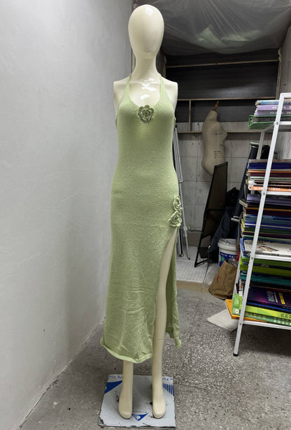 Light green halter maxi dress with a thigh-high slit