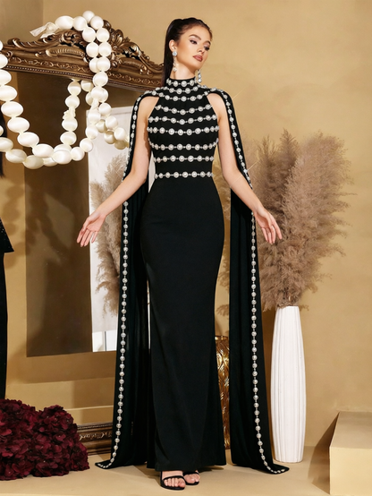 Elegant Black Floor-Length Gown with Beaded Cape Detail