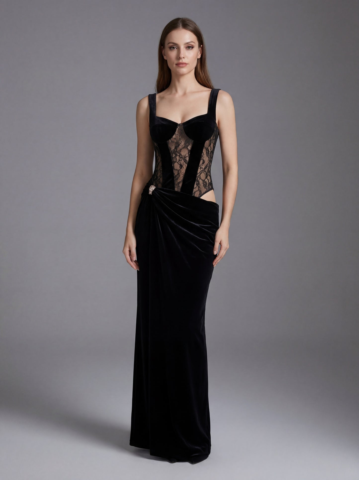 Vivienne Velvet Corset Maxi Gown with Lace Panels and Crystal Brooch