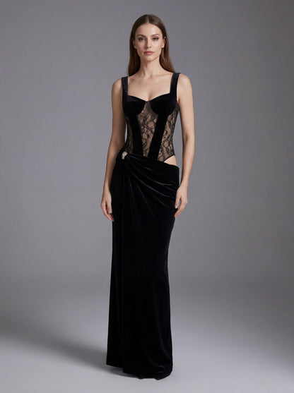 Vivienne Velvet Corset Maxi Gown with Lace Panels and Crystal Brooch