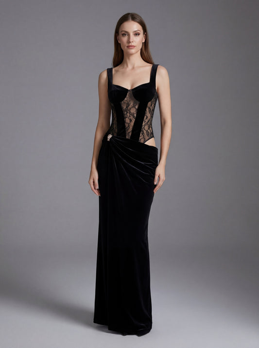 Vivienne Velvet Corset Maxi Gown with Lace Panels and Crystal Brooch