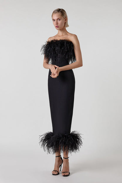 Black Strapless Feather-Trimmed Midi Dress