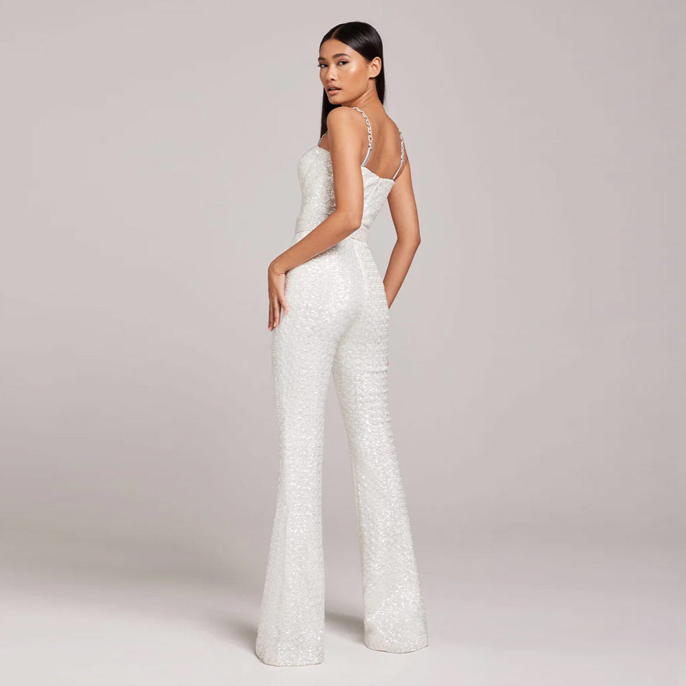 Luminous White Sequin Bustier Flared Jumpsuit