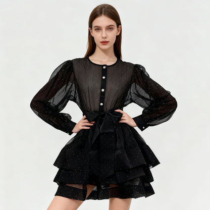 Shimmering Tiered Mini Dress with Button-Front Detail