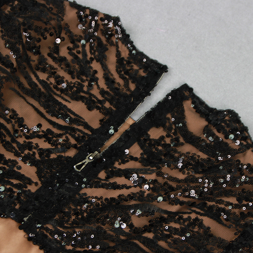 Black Sequin Cutout Jumpsuit with Feather Cuffs