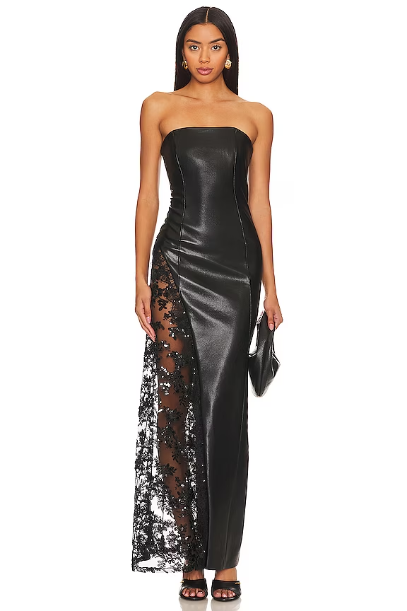 Avant-Garde Black Strapless Gown with Cascading Floral Lace