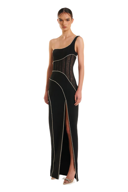 Elegant One-Shoulder Crystal-Trimmed Maxi Dress