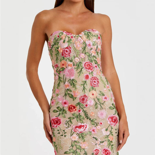 Strapless Sweetheart Floral Embroidered Nude Evening Gown
