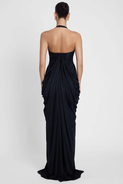 Thalia Draped Halter Maxi Gown with Plunging Neckline
