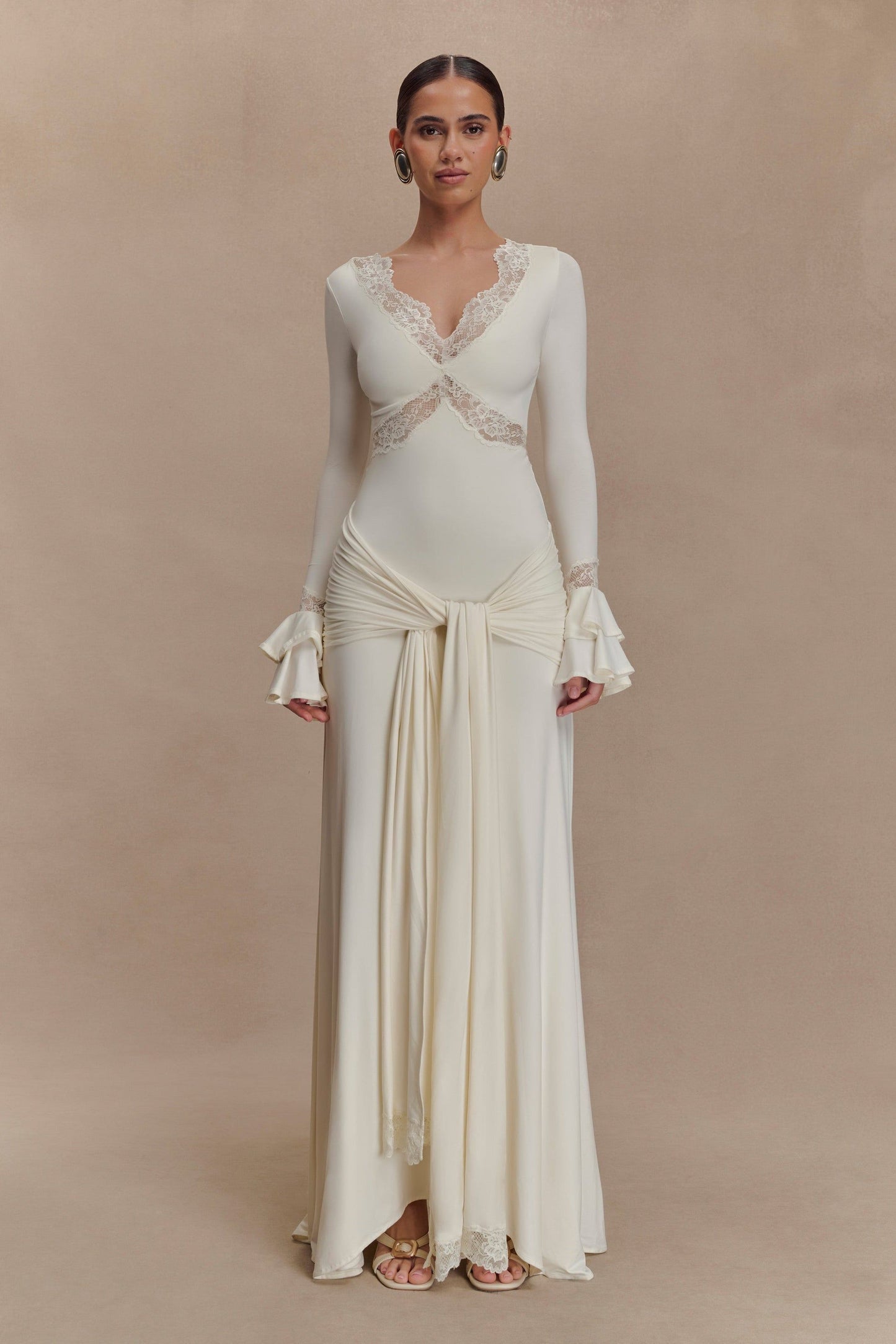Ivory Lace-Trimmed Ruched Bell Sleeve Maxi Dress