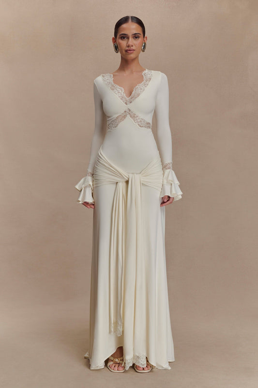 Ivory Lace-Trimmed Ruched Bell Sleeve Maxi Dress