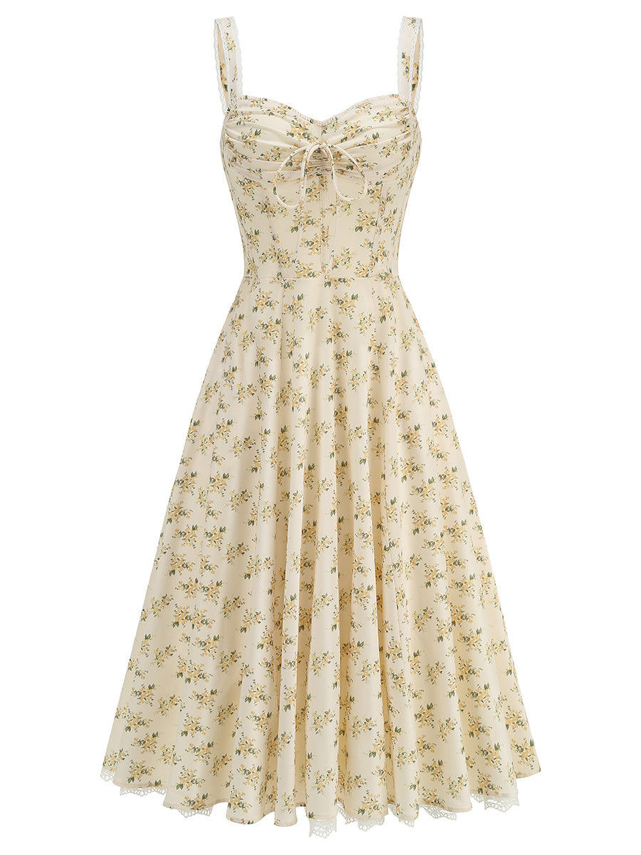 White and Yellow Ditsy Floral Sweetheart Midi Dress