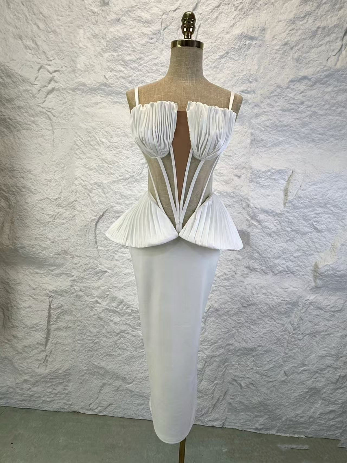 Architectural Pleated Corset Peplum Dress - Pristine White