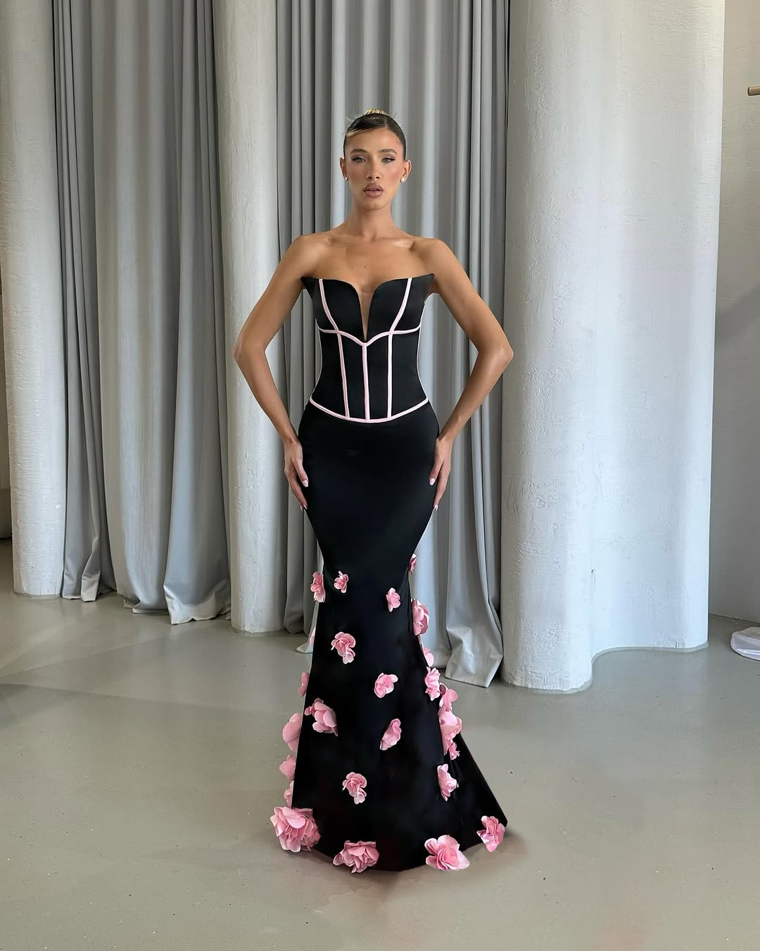 Architectural Elegance Sculpted Mermaid Dress with 3D Florals