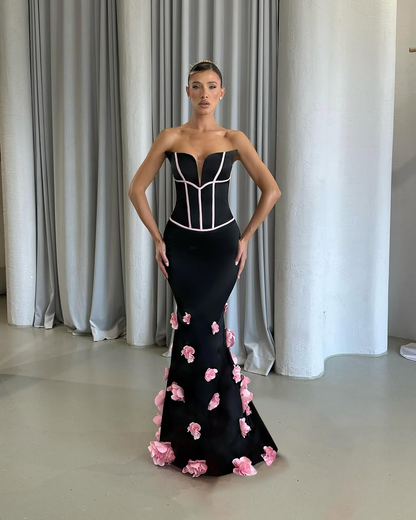 Architectural Elegance Sculpted Mermaid Dress with 3D Florals