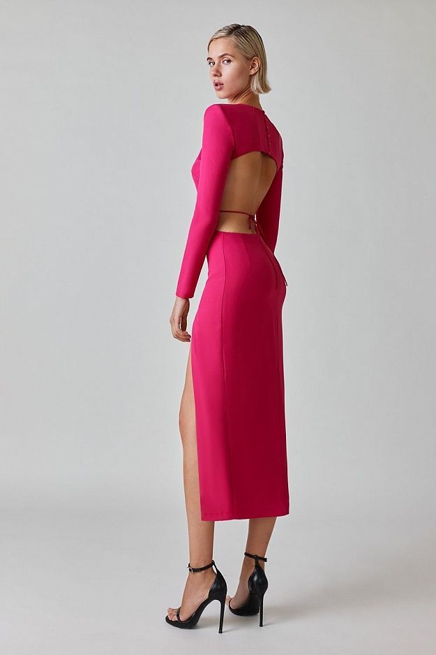 Fuchsia Power Shoulder Cutout Midi Dress