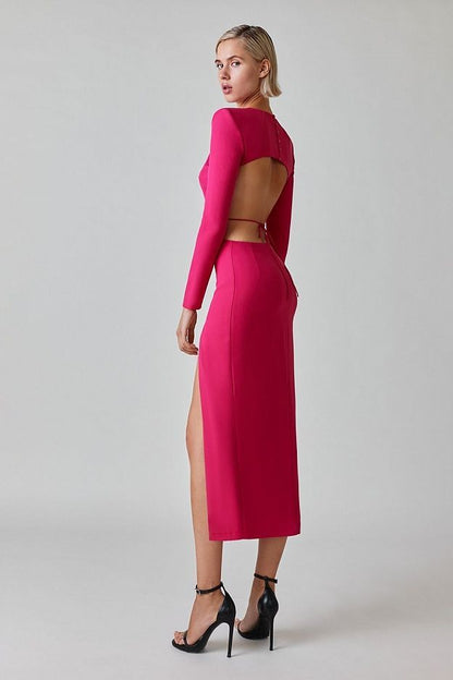 Fuchsia Power Shoulder Cutout Midi Dress