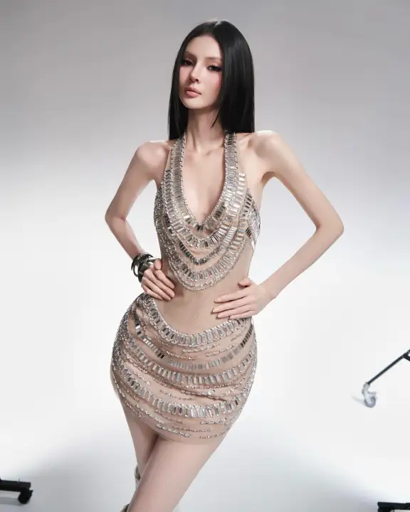 Mirrored Crystal Illusion Halter Mini Dress - Nude & Silver