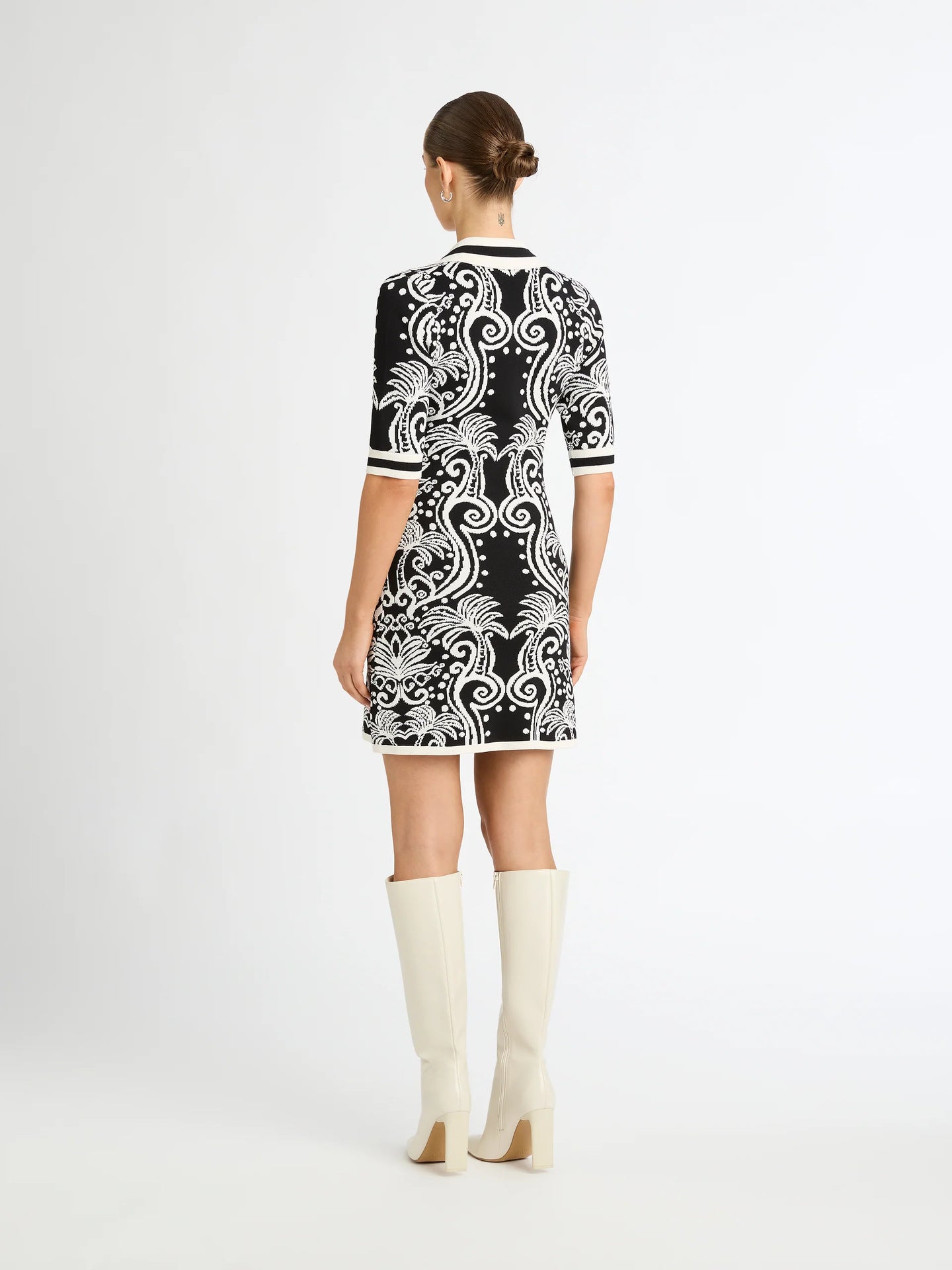 Monochrome Jacquard Knit Polo Mini Dress