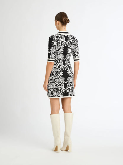 Monochrome Jacquard Knit Polo Mini Dress