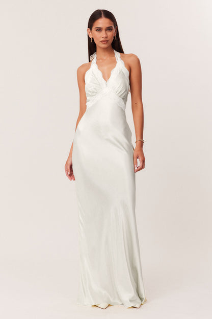 Lace-Trimmed Satin Halter Slip Gown - Ivory