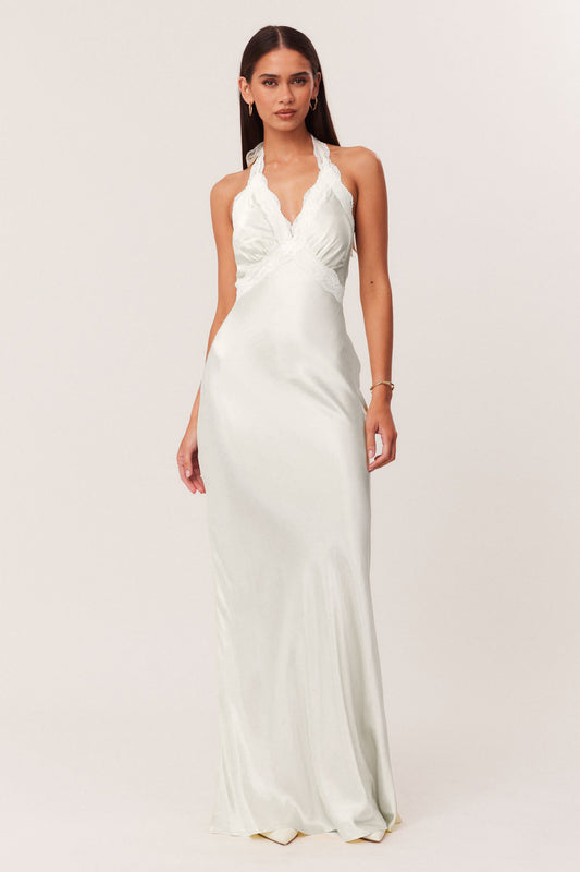 Lace-Trimmed Satin Halter Slip Gown - Ivory