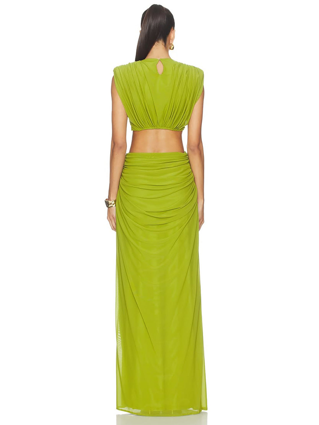 Vibrant Lime Green Draped Evening Dress with Waist Cutouts