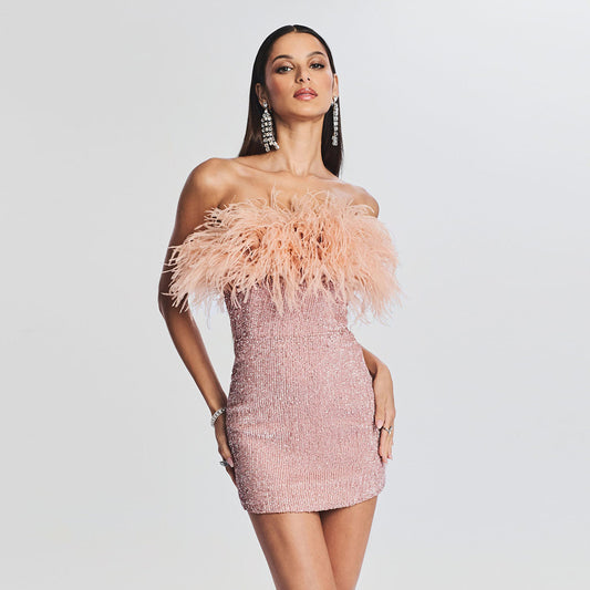 Rose Gold Sequin and Feather-Trimmed Strapless Mini Dress