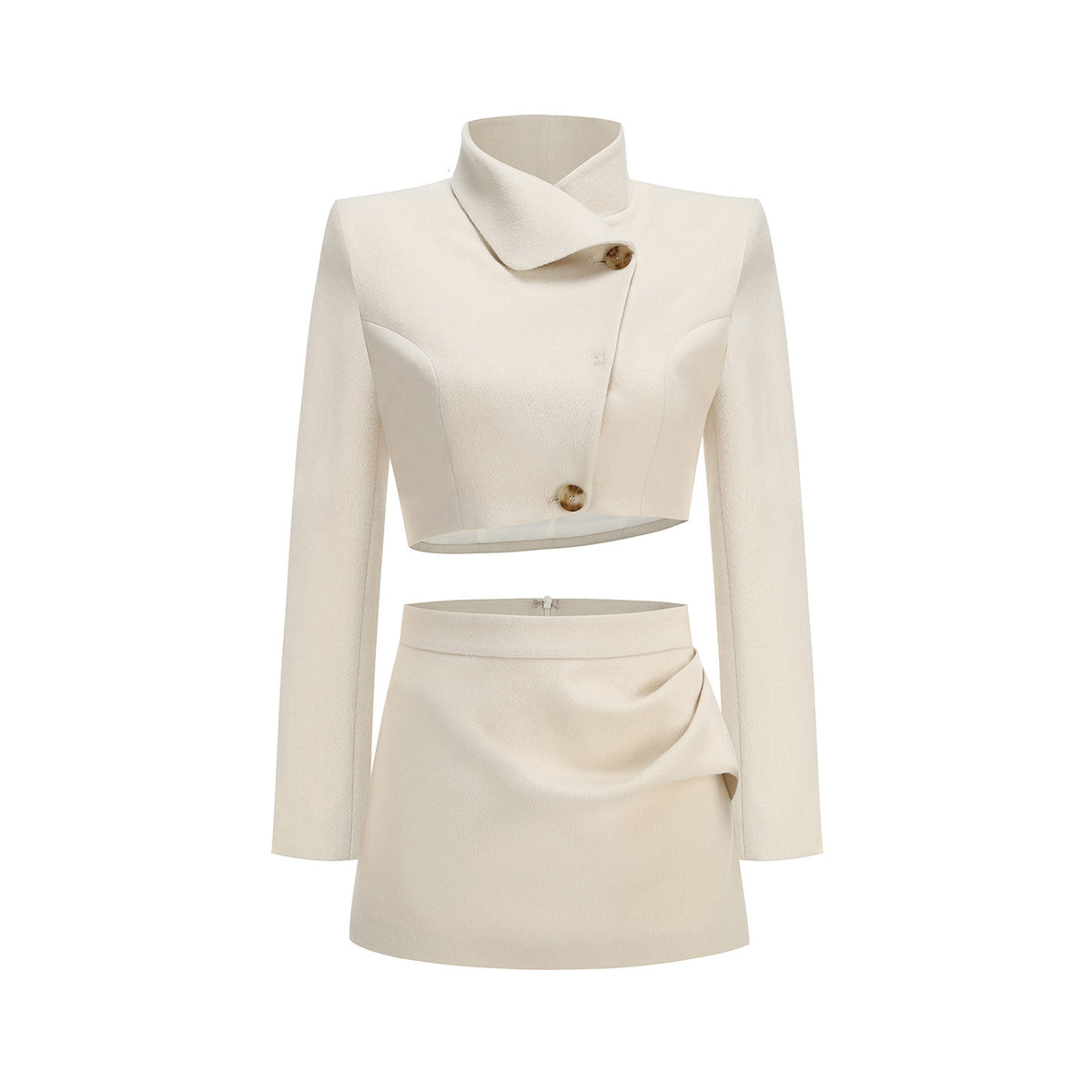 Architectural Asymmetrical Cropped Jacket & Skirt Set - Oat Beige