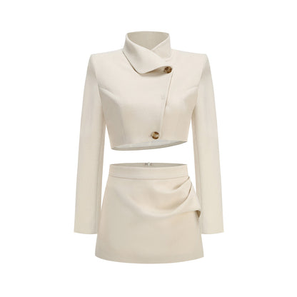 Architectural Asymmetrical Cropped Jacket & Skirt Set - Oat Beige