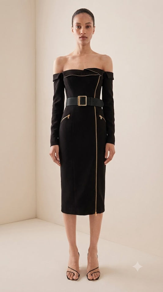Black Off-the-Shoulder Asymmetrical Zip Belted Midi Dress