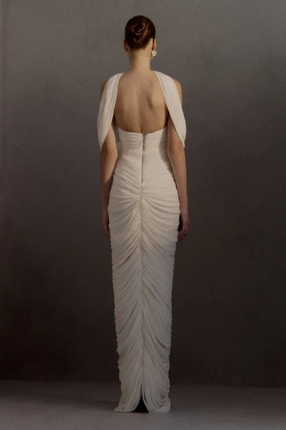 Ivory Ruched Strapless Gown with 3D Floral Accent