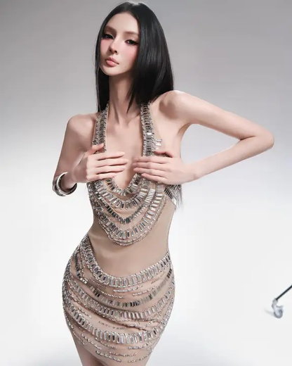 Mirrored Crystal Illusion Halter Mini Dress - Nude & Silver