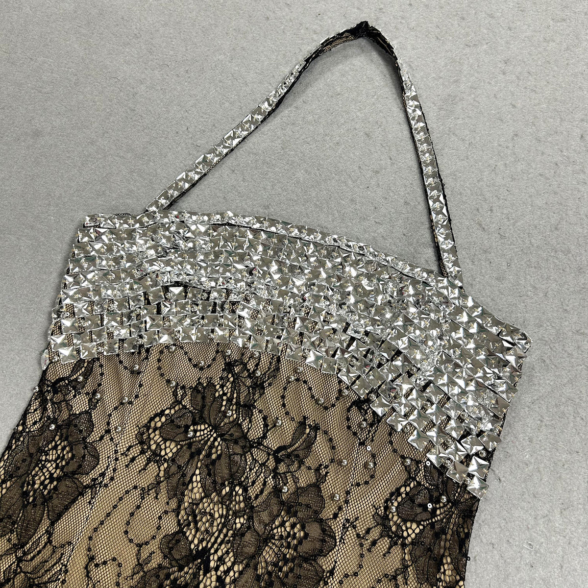 Crystal Embellished Sheer Lace Micro-Mini Dress - Black & Silver