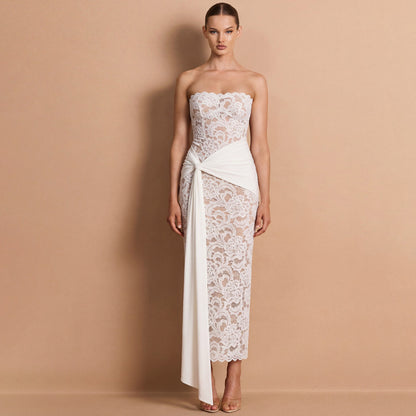 Strapless Illusion Lace Midi Dress with Draped Sash - White