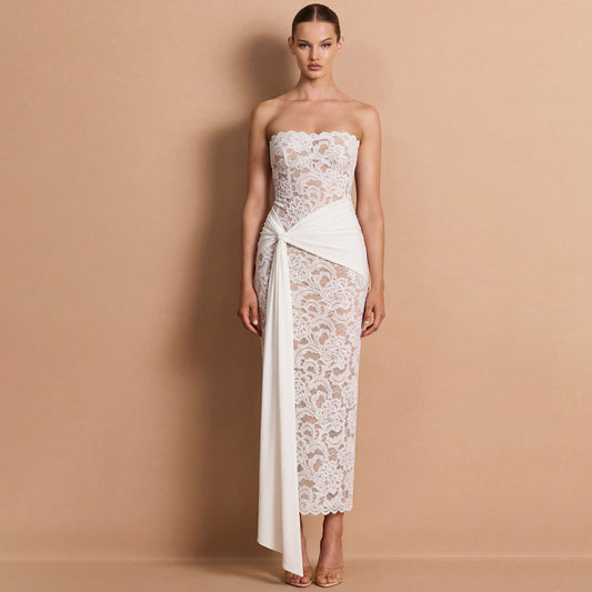 Strapless Illusion Lace Midi Dress with Draped Sash - White