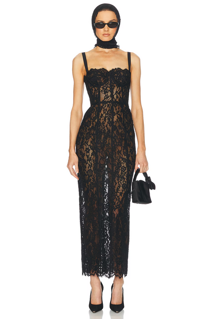 Black Sheer Floral Lace Corset Maxi Dress