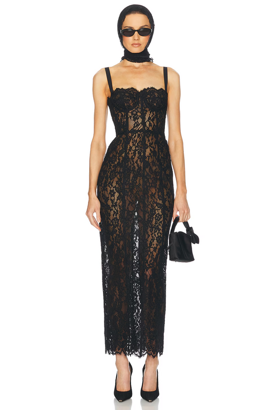 Black Sheer Floral Lace Corset Maxi Dress