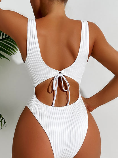 White ribbed one-piece swimsuit with a square neckline.