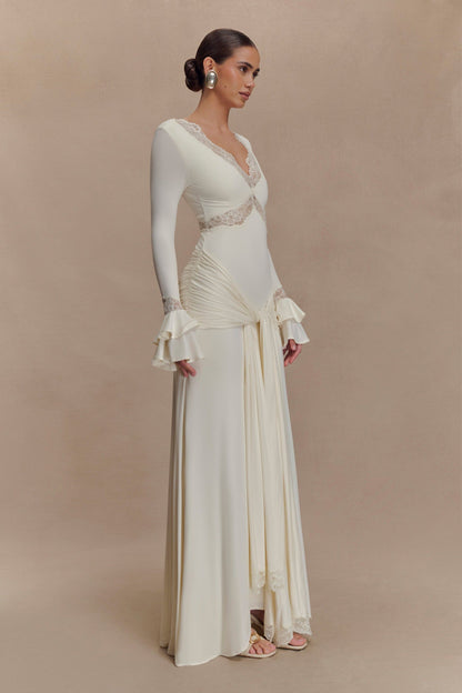Ivory Lace-Trimmed Ruched Bell Sleeve Maxi Dress