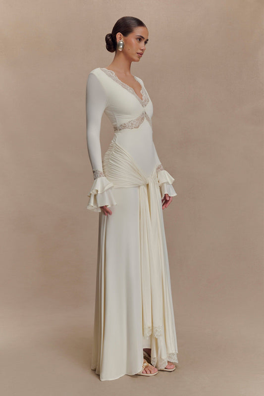 Ivory Lace-Trimmed Ruched Bell Sleeve Maxi Dress