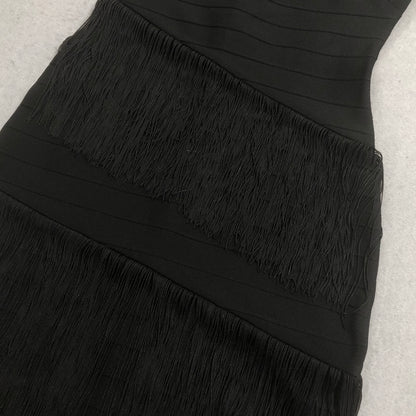 Statement Black Fringe Party Dress with Sheer Hem