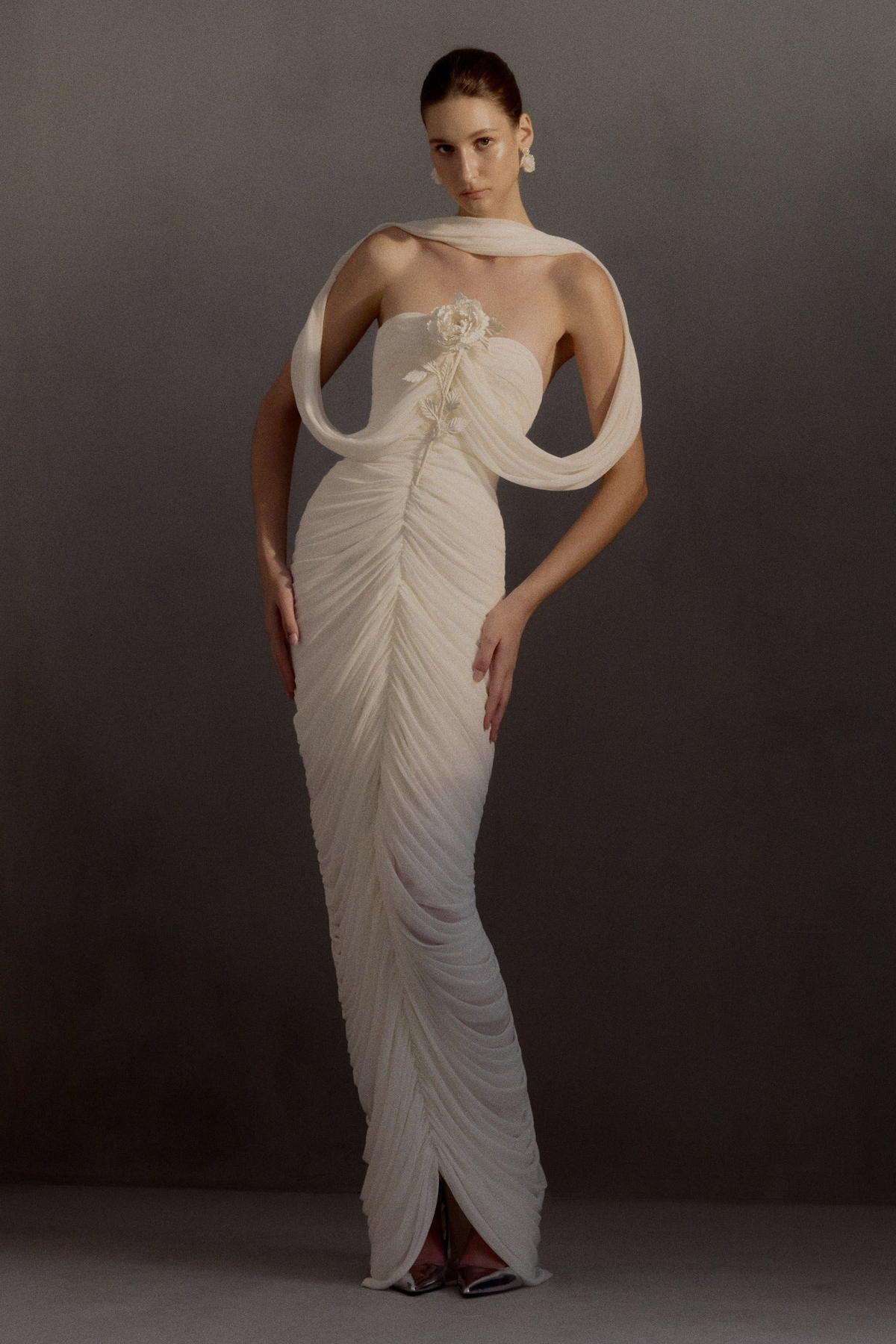 Ivory Ruched Strapless Gown with 3D Floral Accent