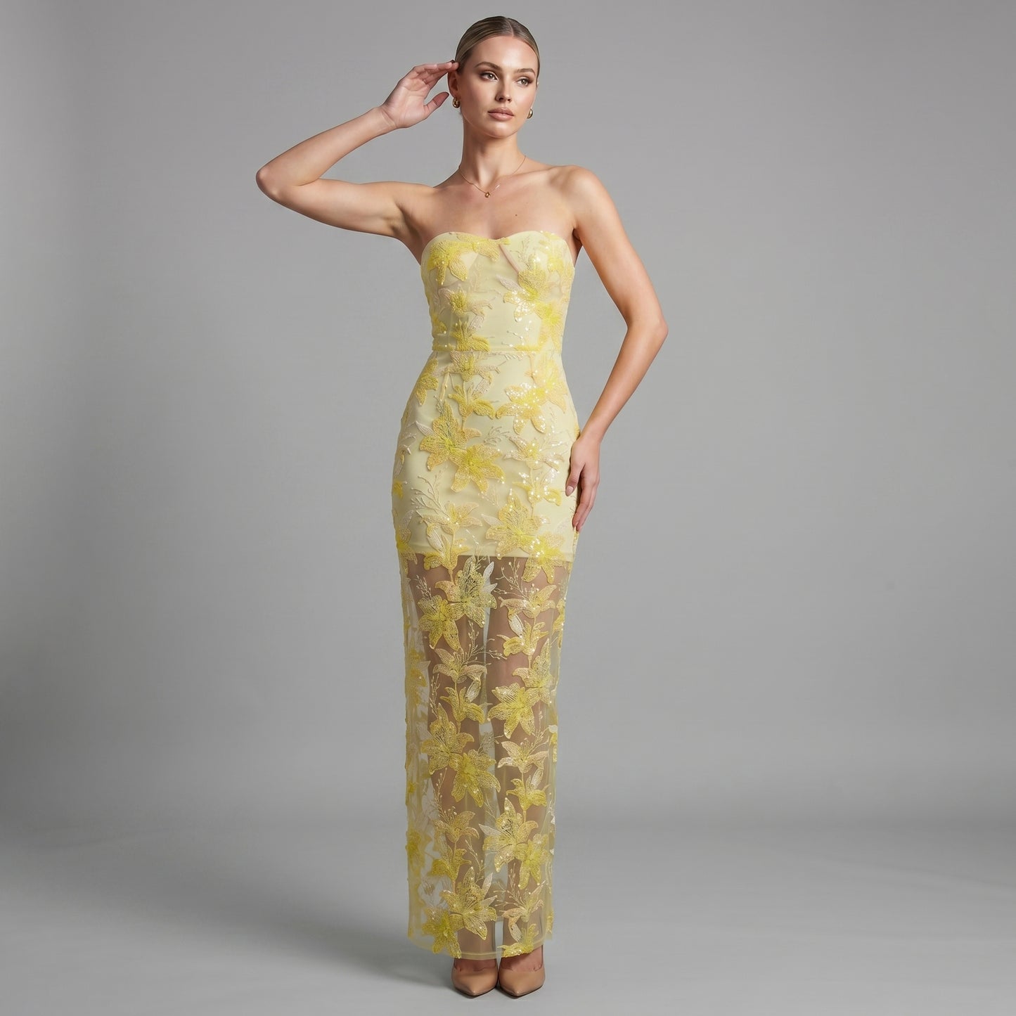 Radiant Strapless Floral Embroidered Evening Gown