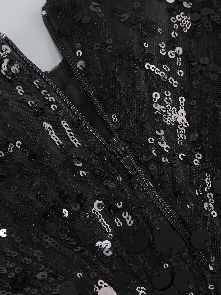 Black Feather-Trimmed Crop Top and Sheer Sequin Flared Pants Set