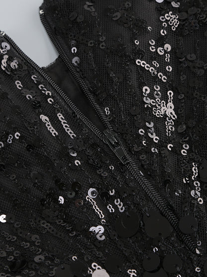Black Feather-Trimmed Crop Top and Sheer Sequin Flared Pants Set