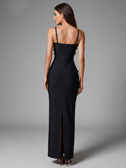 Avant-Garde Black Gown with Silver Floral Embellishments